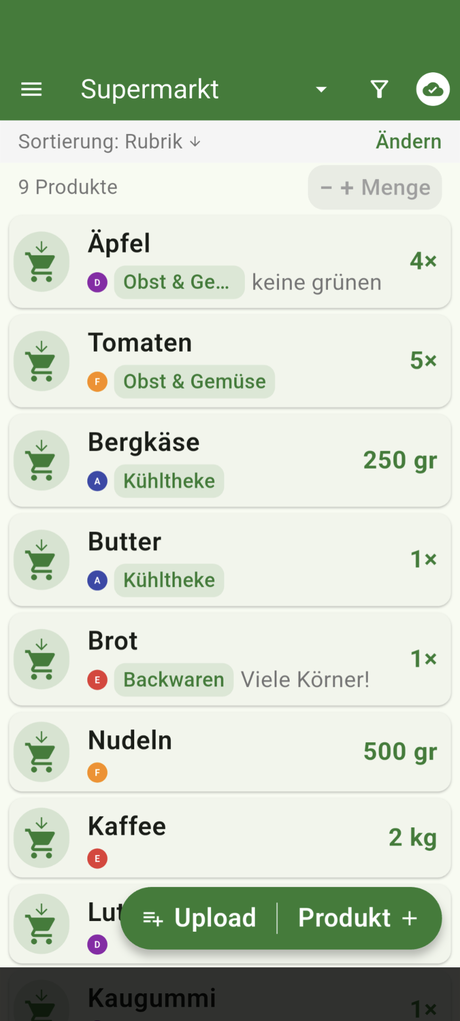 Listikus Einkaufsliste mit Produkten, Mengen und farbigen Personen-Punkten